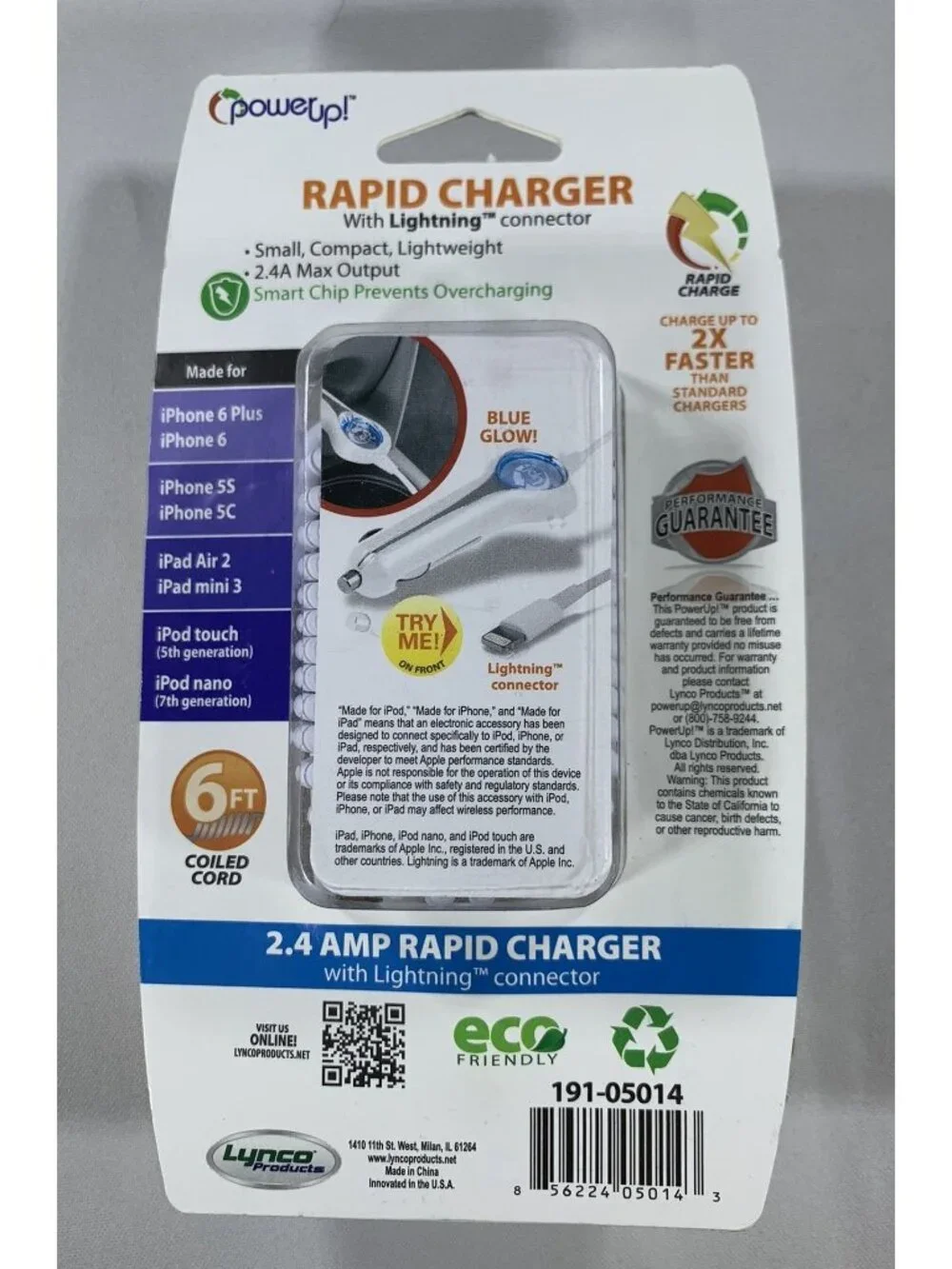 PowerUp! 2.4 Amp Rapid Charger Lightning Connector Car Charger 6 Ft Cord NEW